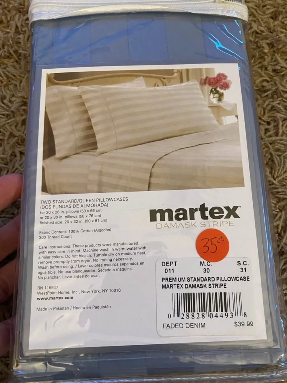Martex Blue Damask Stripe Pillowcases - Pack of 2